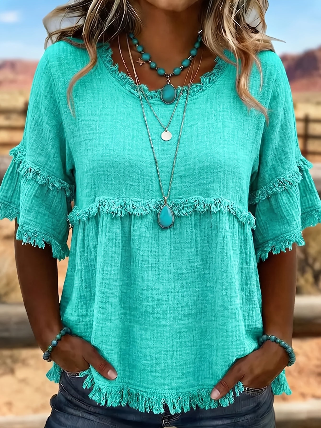 Women's Fringed Trim Short Sleeve Casual Blouse – Soft Knit Crew Neck Top for Summer, Beach & Everyday Wear | Royal Blue, Aquamarine, Sky Blue, Grey, Green (S-XXL)