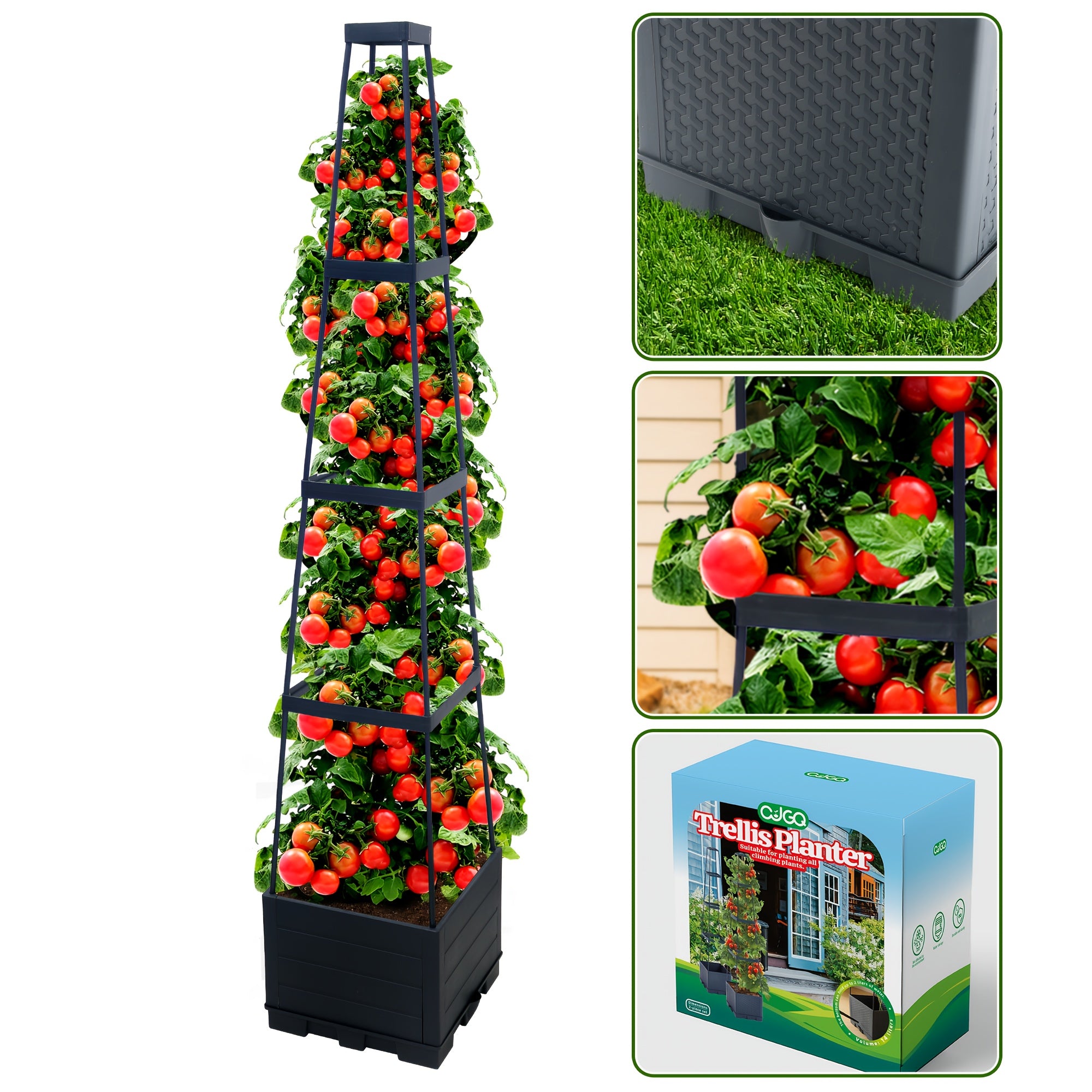 Garden Planting Box with Self-Watering Tomato Cage Lightweight Plastic Stripe Pattern – Indoor Outdoor Climbing Plant Planter 44.8 & 57 Inch 1 or 2 Pack