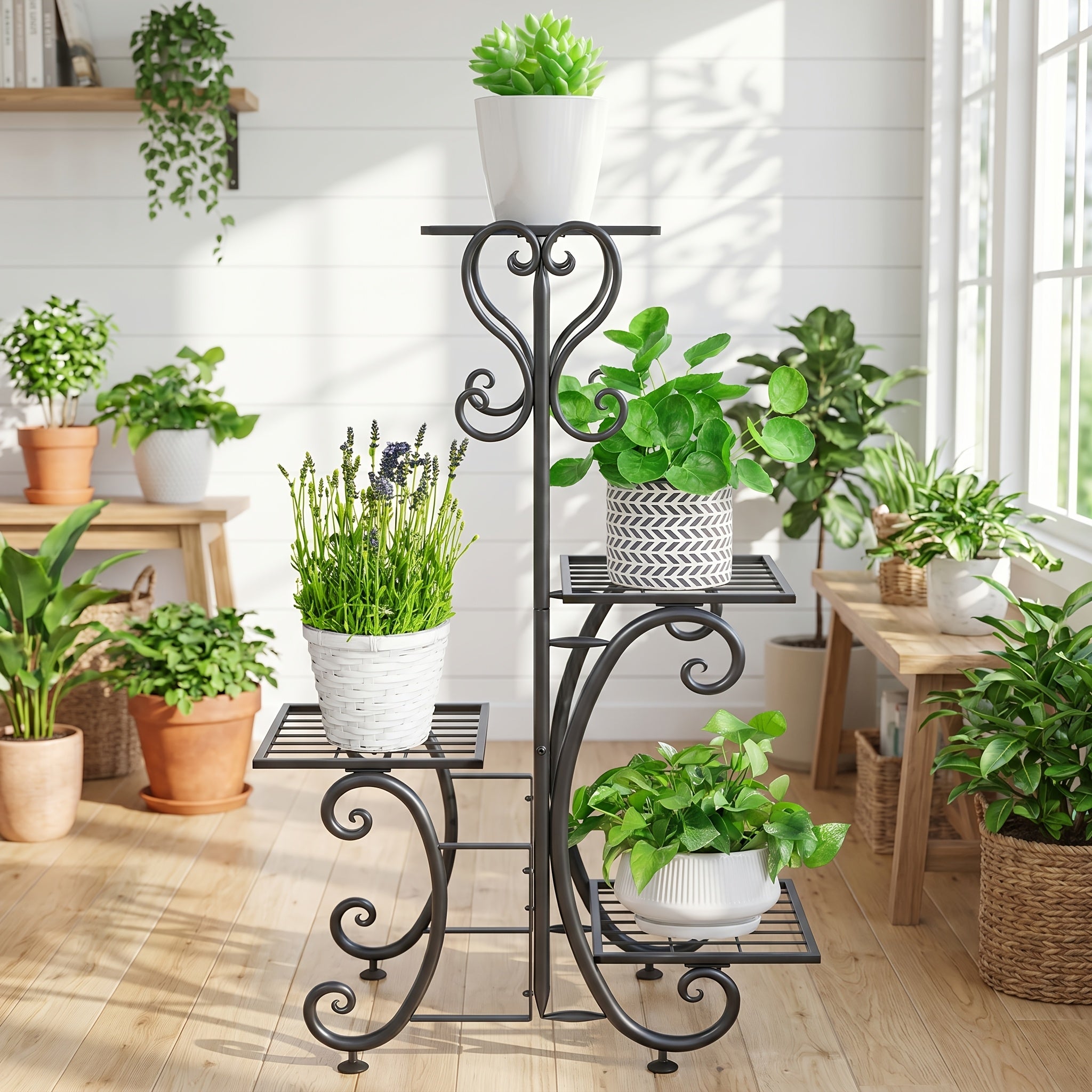 Metal Plant Stand Indoor Outdoor – Multi-Tier Wrought Iron Flower Pot Holder Display Rack for Garden, Patio, Balcony, Corner & Office | 1, 6-Tier Options, Black