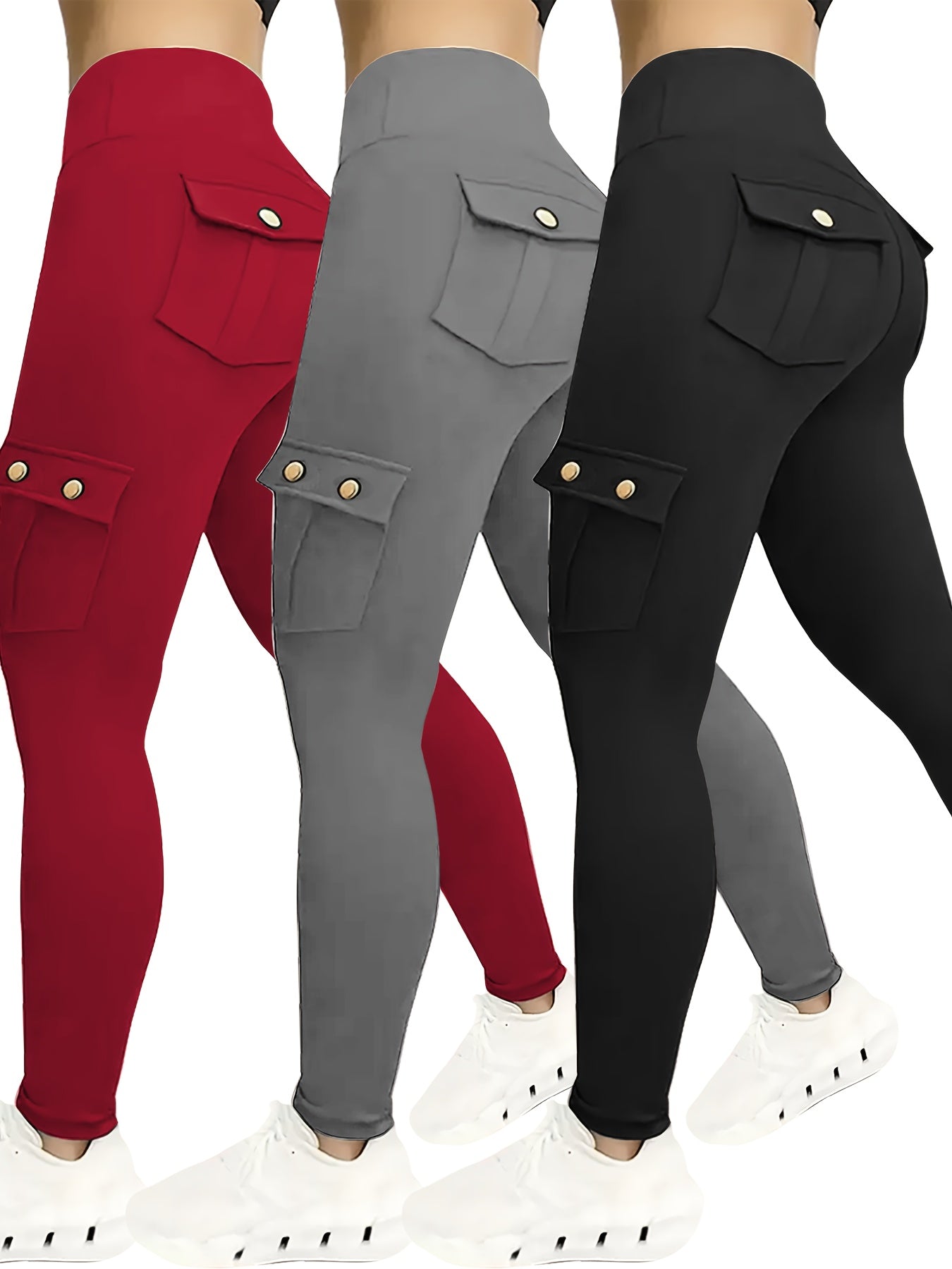 Women's Compression Leggings 3-Pack High Waisted with Flap Pockets Button Design All-Season Elastic Running Yoga Gym Sports Leggings Black Blue Gray Pink Red M-XXL