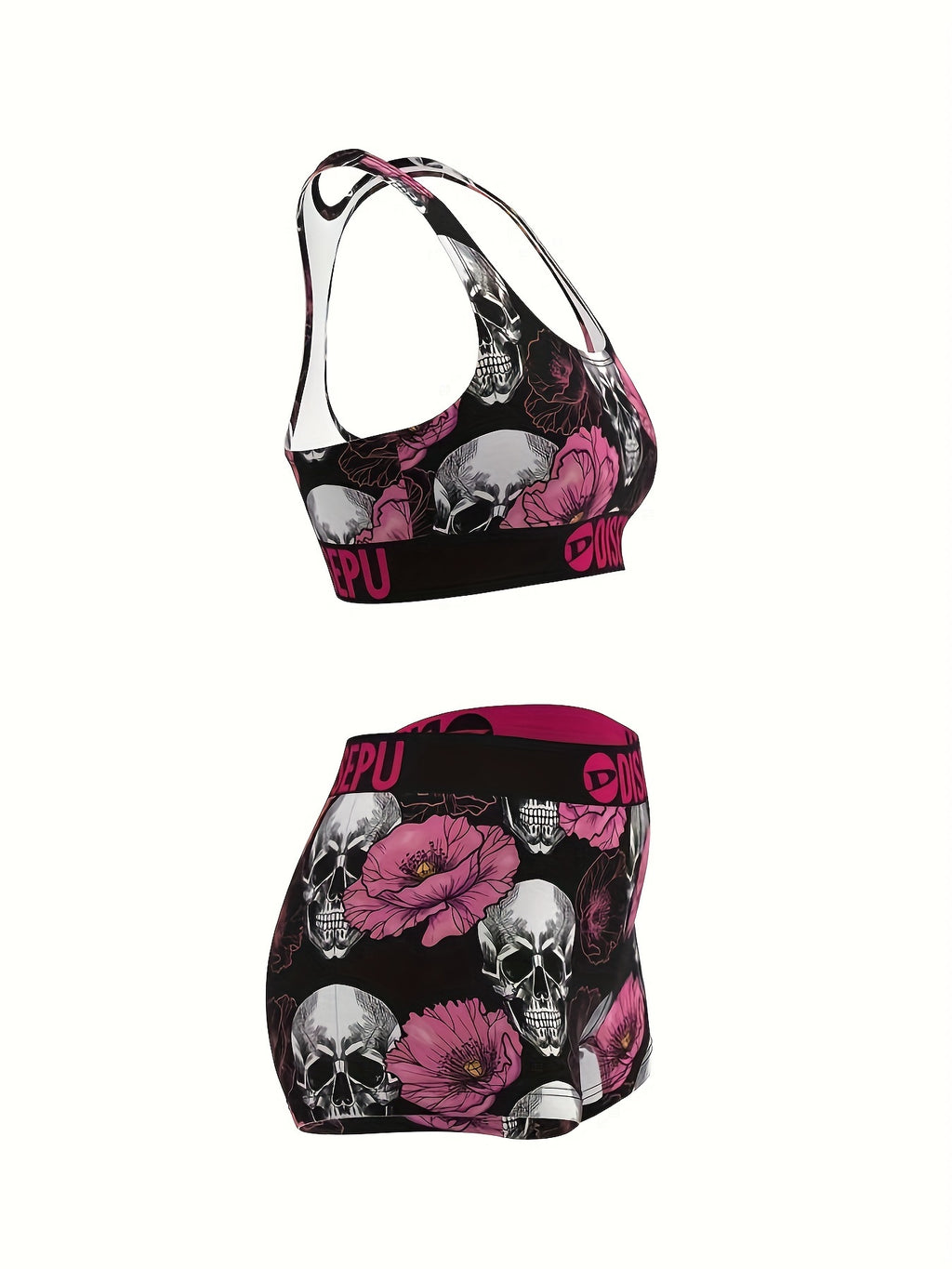 Women's Skull & Pink Flower Print Sports Bra and Shorts Set – 2-Piece Gothic Floral Activewear for Gym Yoga Running Halloween Workout High Stretch Breathable S M L XL XXL
