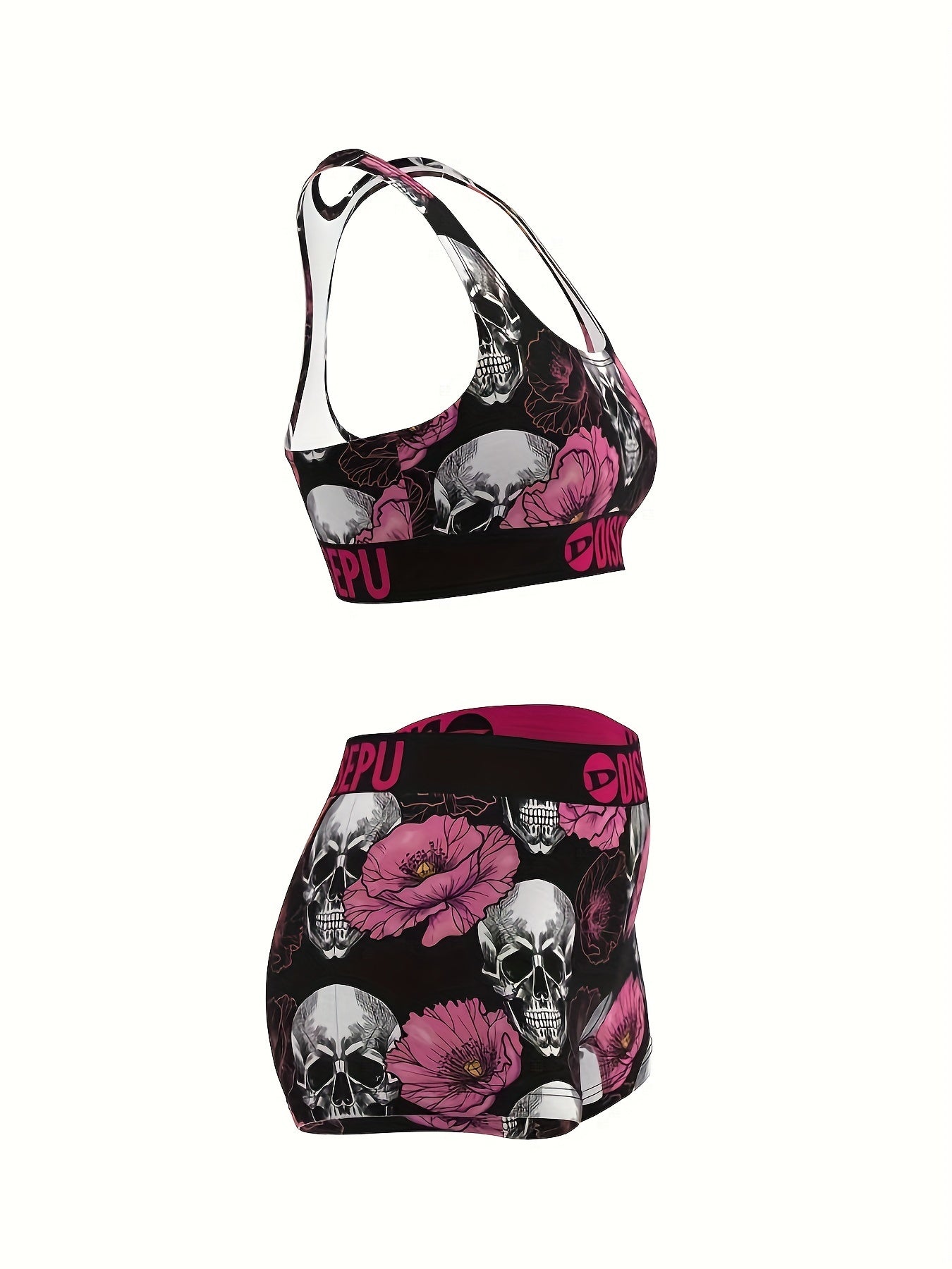 Women's Skull & Pink Flower Print Sports Bra and Shorts Set – 2-Piece Gothic Floral Activewear for Gym Yoga Running Halloween Workout High Stretch Breathable S M L XL XXL