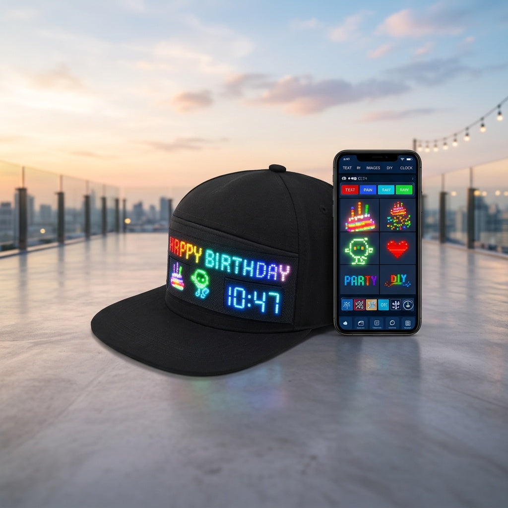 Programmable LED Light-Up Hat Bluetooth App Controlled Scrolling Text Baseball Cap Rechargeable USB Flashing Display for Parties Festivals Night Runs Teens Adults Gift
