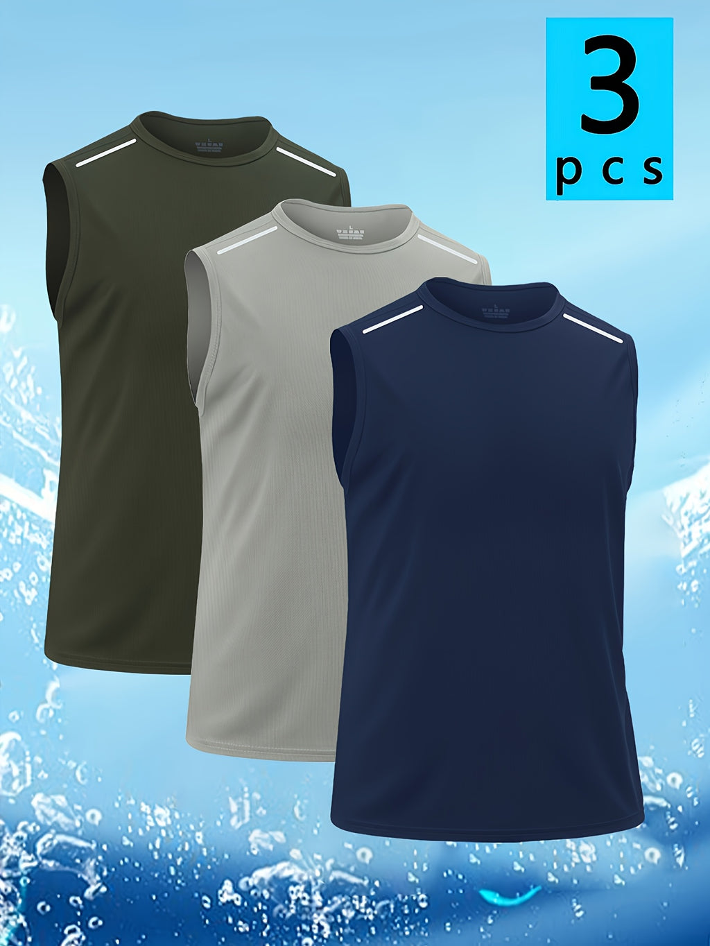 Quick-Dry Sleeveless Workout Tank Tops for Men 3-Pack – Breathable Striped Crew Neck Athletic Vests for Running Gym Cycling S-XXXL Black Grey Navy