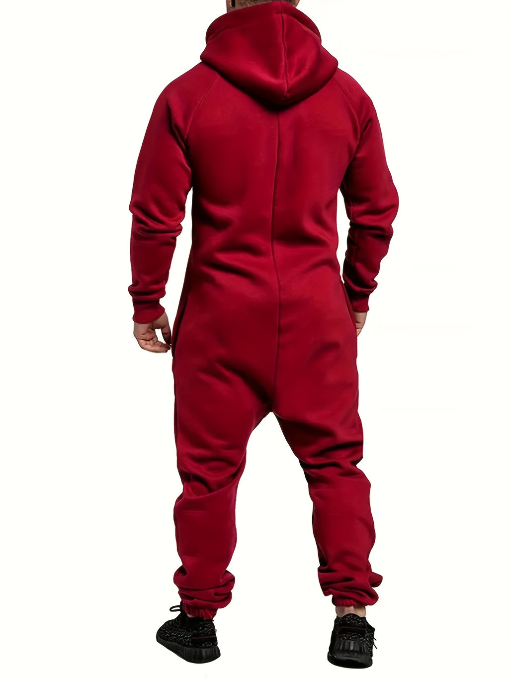 Men's Hooded Fleece Lined Jumpsuit Full Zip – Long Sleeve One Piece Romper with Kangaroo Pocket for Casual Sports Travel Fall Winter, Black Fern Green Red, S-XXXL