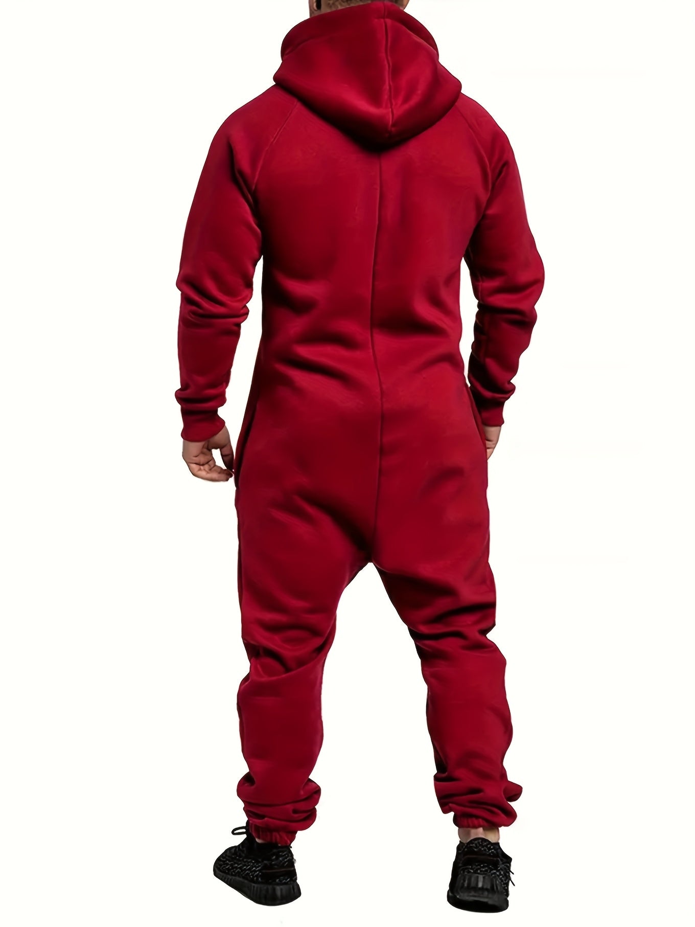 Men's Hooded Fleece Lined Jumpsuit Full Zip – Long Sleeve One Piece Romper with Kangaroo Pocket for Casual Sports Travel Fall Winter, Black Fern Green Red, S-XXXL