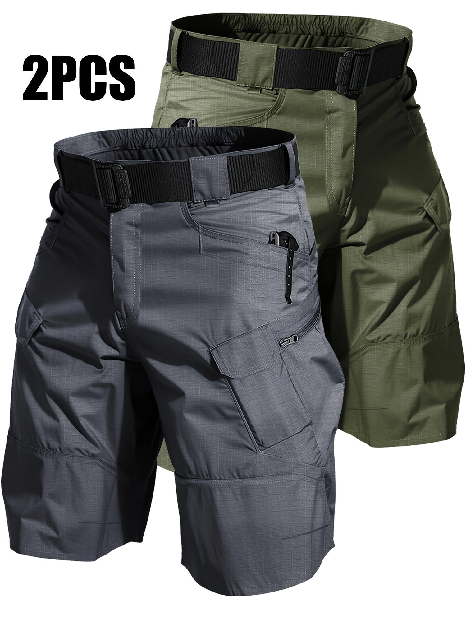 Cargo Shorts for Men 2 Pack – Multi-Pocket 100% Polyester Regular Fit Outdoor Hiking Work Casual Shorts S-XXXL (Black, Gray, Khaki, Army Green)