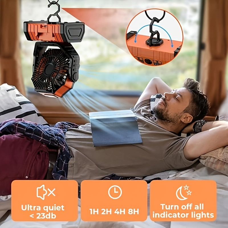 FX13 20000mAh Camping Fan with Built-in LED Light Rechargeable USB Portable Outdoor Fan with Tent Hook for Power Outage Construction Site Camping Gear Orange Upgraded