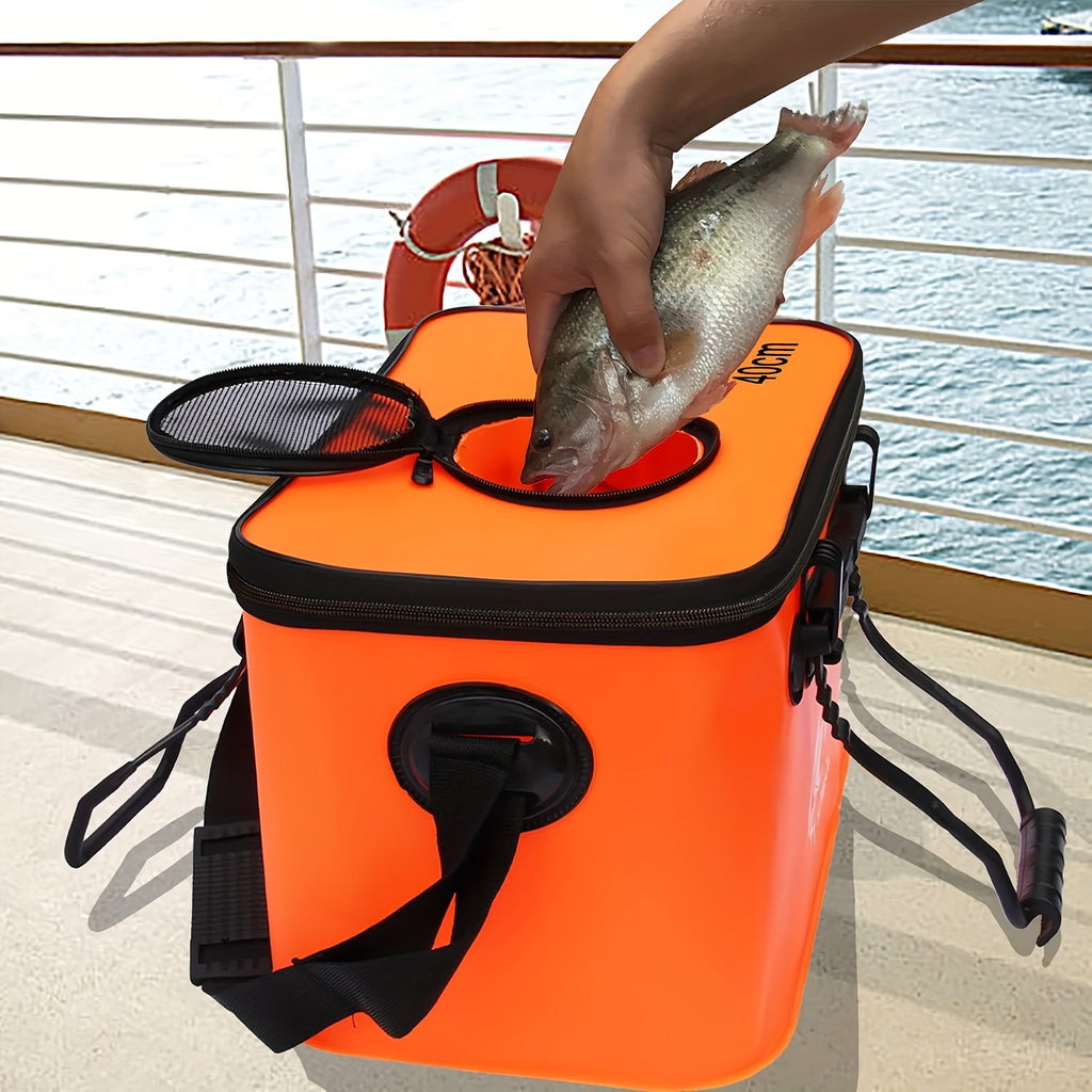 Collapsible 25L EVA Fishing Bucket with Lid – Foldable Live Fish Keeper & Bait Container for Kayak Bank Pier Fishing, Lightweight Portable Water Bucket for Camping, Orange & Blue