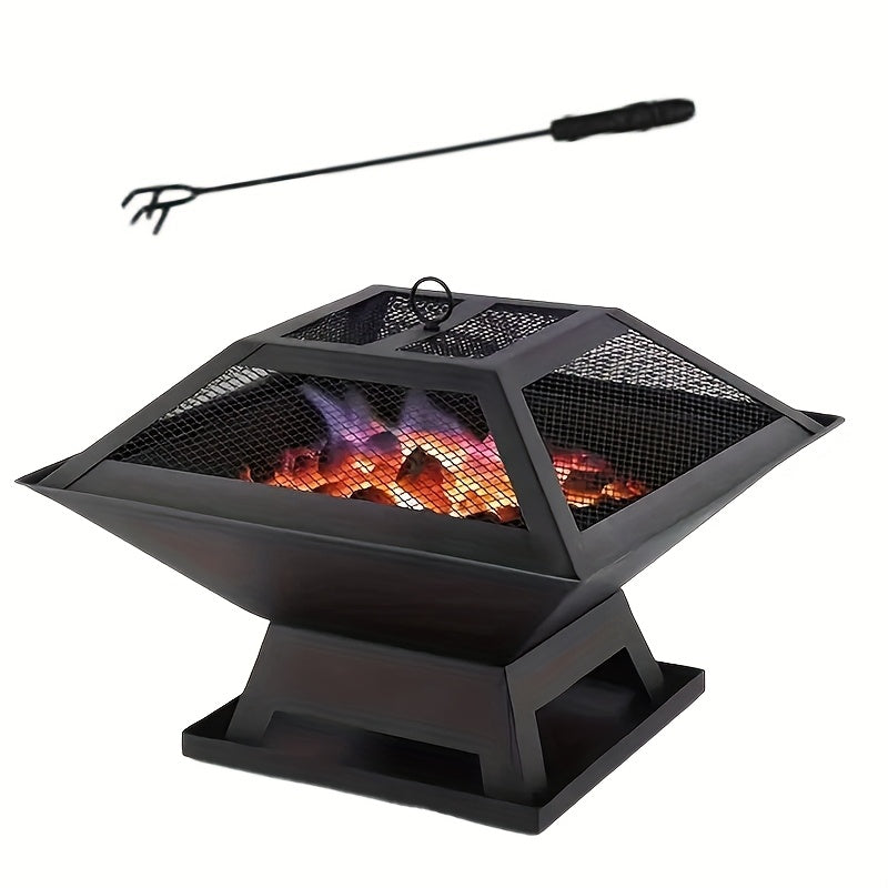 18.5 Inch Outdoor Fire Pit Heavy Duty Iron BBQ Grill with Combustion Grate, Ash Collector, Fireproof Cover & Charcoal Hook - Backyard Wood Burning Fire Bowl for Camping, Picnics, Patio, Thanksgiving