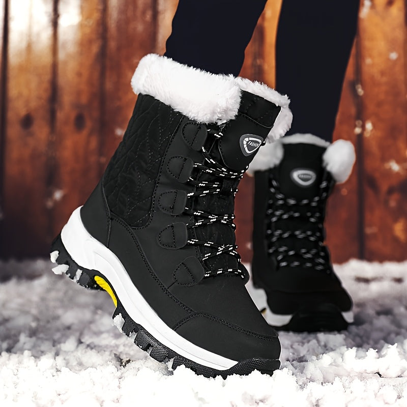 Women's High Top Snow Boots – Non-Slip Warm Fleece-Lined Winter Boots, Rubber Sole, Lace-Up, Outdoor Travel, US 5.5-10, Black White Hot Pink