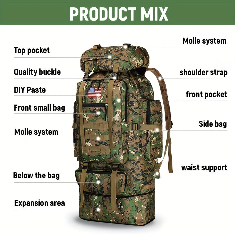 100L Tactical Camouflage Backpack – Large Capacity Hiking Rucksack with Multiple Compartments, Ergonomic Straps for Camping, Trekking, Hunting & Travel