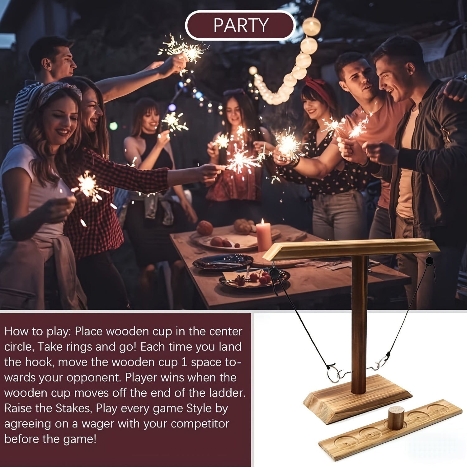 Wooden Ring Toss Game Hook and Ring Game - Indoor Outdoor Party Game for Family Gatherings Bar Backyard Camping, Easy Assembly Natural Wood Design, Fun Holiday Gift for Adults Kids
