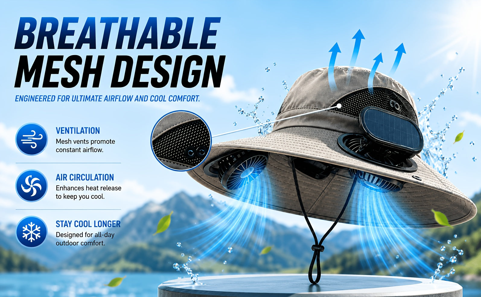 Solar Fan Hat Wide Brim Dual Cooling Fans Men Women Adjustable Airflow UV Protection Hiking Camping Gardening Travel Yard Work Grey Khaki Black Camo