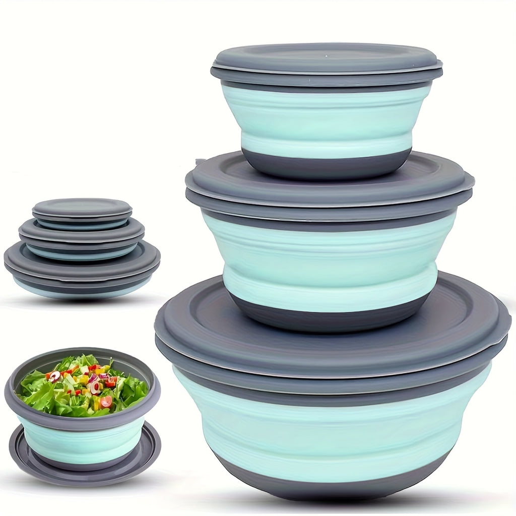 Foldable Camping Bowls with Lids 3-Pack – Collapsible Silicone Food Containers, Rust-Proof PP, Folding Utensils & Storage Bag Included | Stackable Camp Kitchen Bowls | Blue & Pink