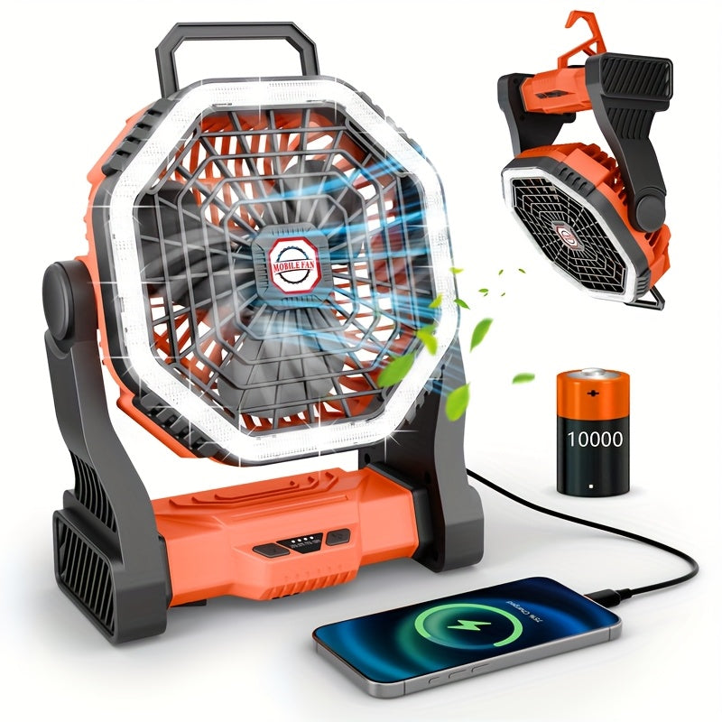 Camping Fan with LED Light Rechargeable USB Battery 4-Speed 3 Lighting Modes Hanging Rope Tent Outdoor Travel Indoor Portable