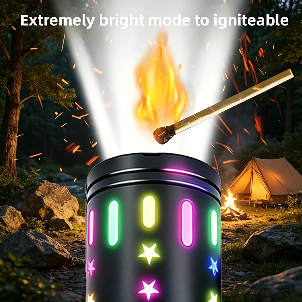 High-Lumen Fire Starting Flashlight Rechargeable LED Torch with COB Side Light 5 Modes Tactical Beam Fresnel Lens Survival Tool for Camping Hiking Fishing Emergency Outdoor Adventures