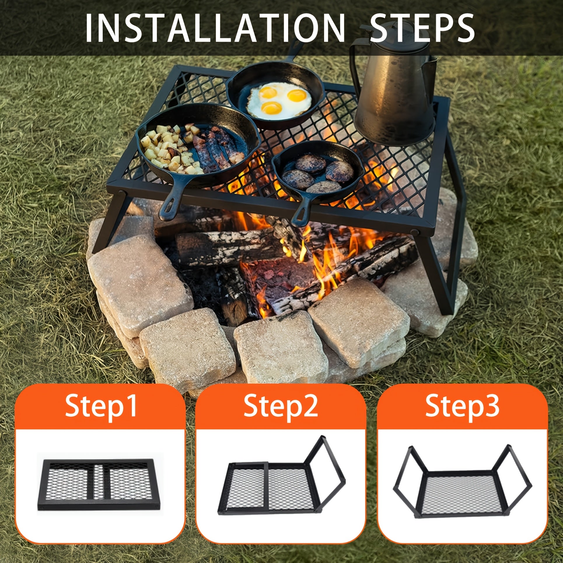 Heavy Duty Bonfire Campfire Grill for Outdoor Camping - Portable BBQ Grill with Firewood Rack, Storage Bag, Food Clips & Cleaning Cloth, RV Picnic Backyard Grill, Gift for Men