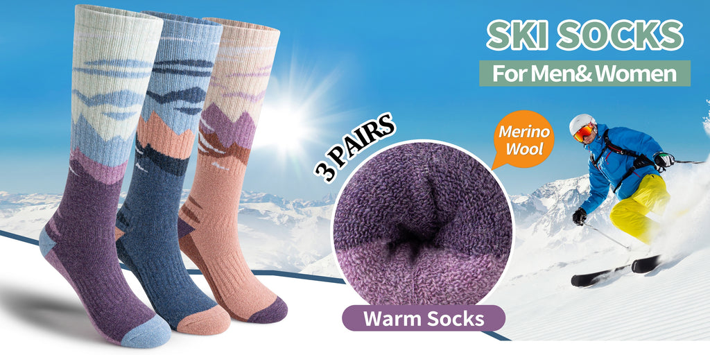 3-Pack Wool Ski Socks Knee High Thermal Winter Socks for Men & Women – Thick Warm Striped Socks for Skiing, Snowboarding & Outdoor Sports, M/L