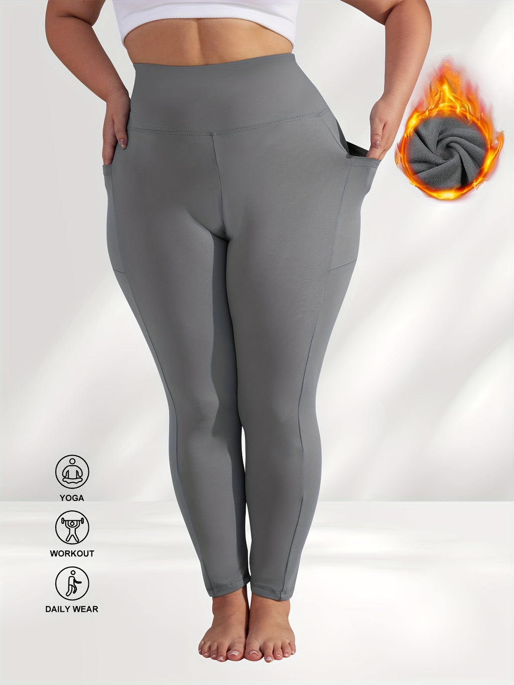 Women's Plus Size Yoga Pants with Pockets – Warm Thermal Leggings, High Elasticity, Tight-Fit Sports Base Layer for Fall & Winter, 1XL-5XL