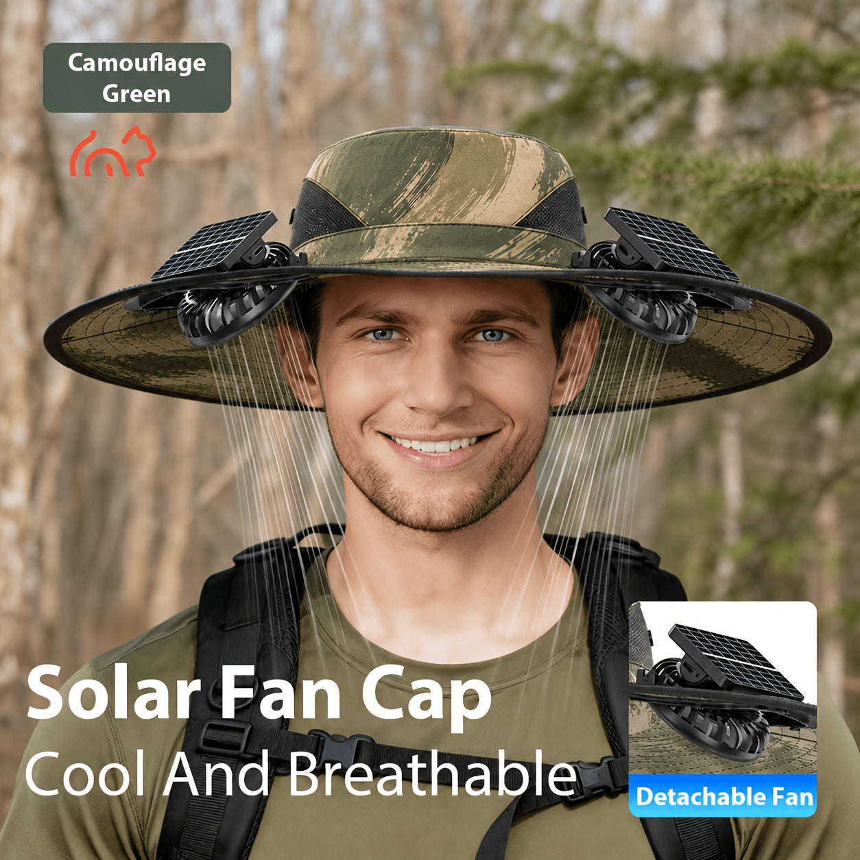 Solar Powered Dual Fan Sun Hat USB Rechargeable - Adjustable Cooling Breathable Outdoor Hat for Hiking Camping Fishing Gardening, Black Dark Gray Khaki Camo