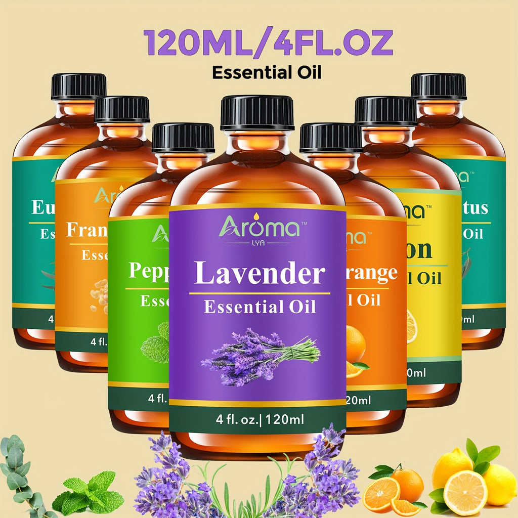 4 fl oz Pure Essential Oils Set – Lavender, Eucalyptus, Peppermint, Frankincense, Lemon, Sweet Orange & Coconut Vanilla | Aromatherapy Oils for Diffuser, Humidifier, Candles, Body & Car Air Freshener