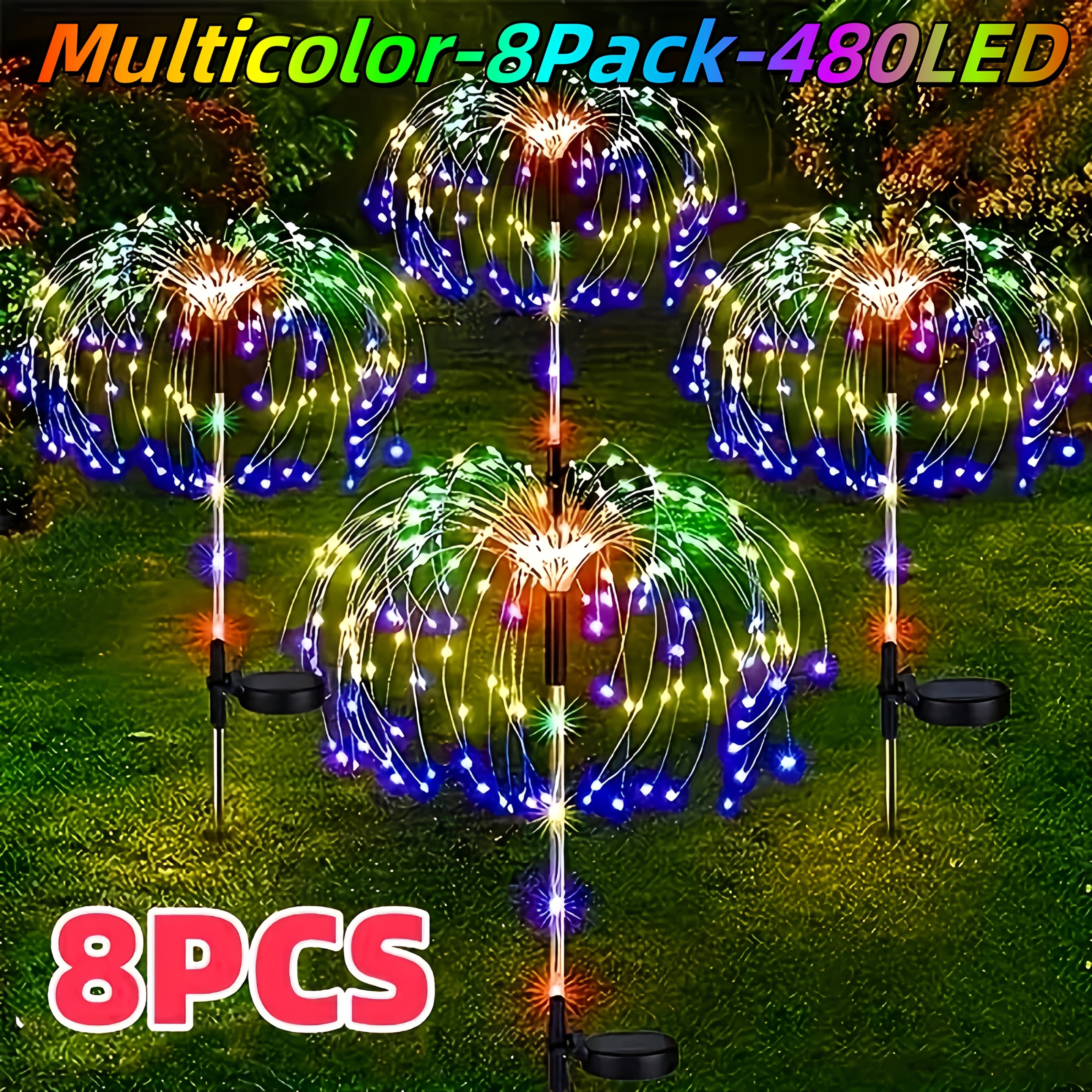 Solar Firework Lights Outdoor 8-Pack – 480 LED, IP65 Waterproof, 8 Lighting Modes, Solar Powered Stake Lights for Garden, Lawn, Pathway & Patio | Christmas, Halloween & Holiday Decor