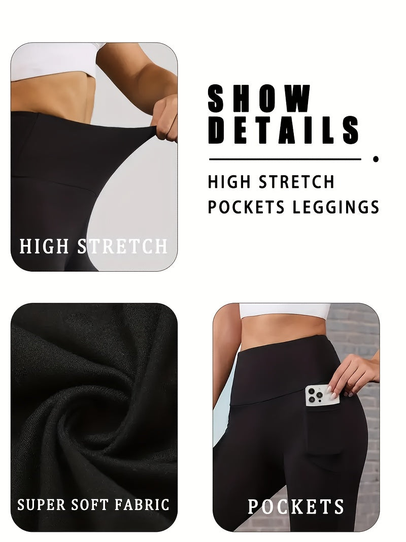 High Waisted Yoga Pants for Women with Pockets High Stretch Solid Color Athletic Leggings for Running Gym Workout Training XS-XXL