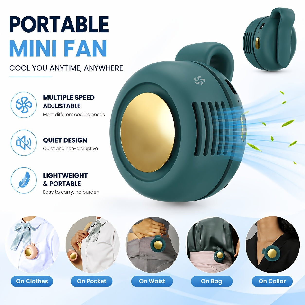 Bladeless Clip-On Fan Portable USB Rechargeable – 360° Rotation Multi-Speed Quiet Personal Cooling Fan for Travel, Camping, Outdoor, Office & Stroller | 1, 2 or 3 Pack