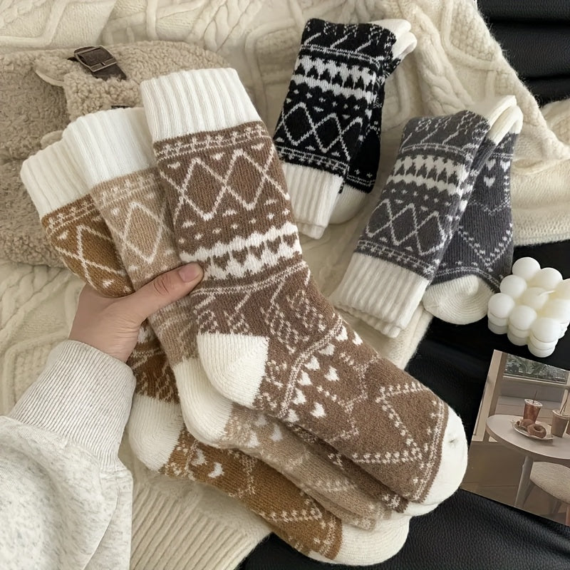 Women's Thermal Winter Socks 5-Pack Warm Fluffy Mid-Calf Cold Weather Socks – Ethnic Rhombus Pattern Cozy Soft Fabric for Outdoor Commuting Home Multi-Color