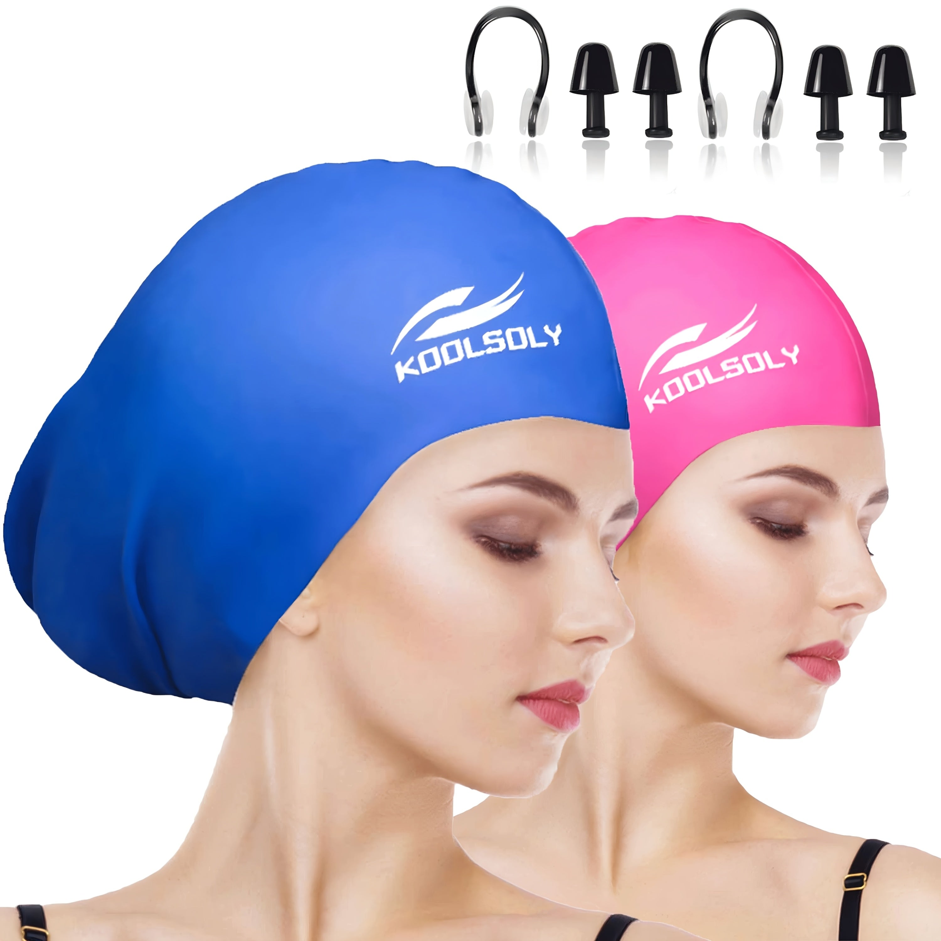 Silicone Swimming Cap 2-Pack with Ear Protection for Long Hair – Includes Earplugs & Nose Clip – Waterproof Swim Cap Set for Women Men Adults Pool Beach Lap Swimming Multiple Color Combos