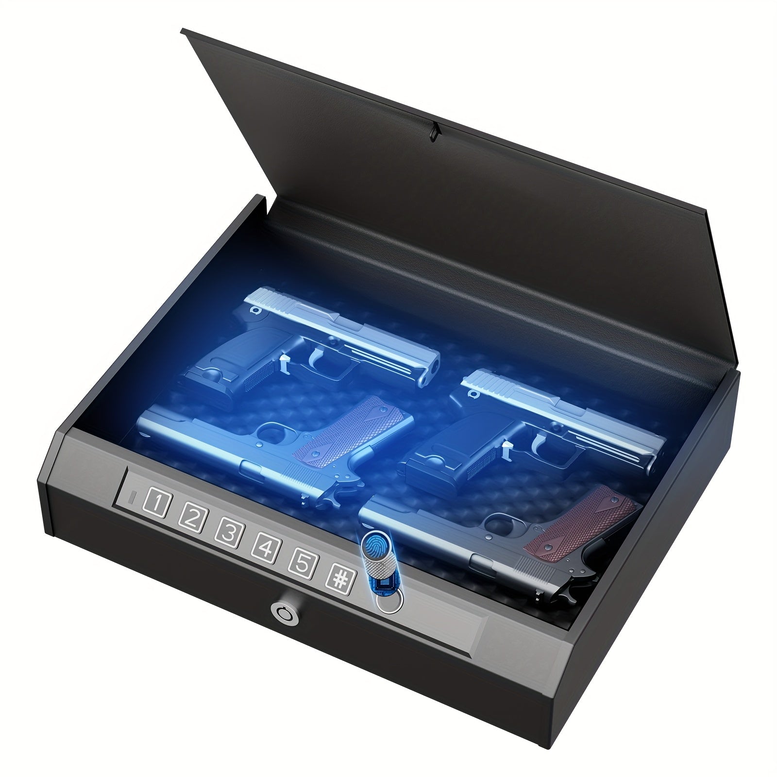 Biometric Gun Safe 3-Way Unlock – Fingerprint Digital PIN & Key Pistol Lock Box with Internal Light Silent Mode Emergency Power for Home Bedroom Nightstand Car