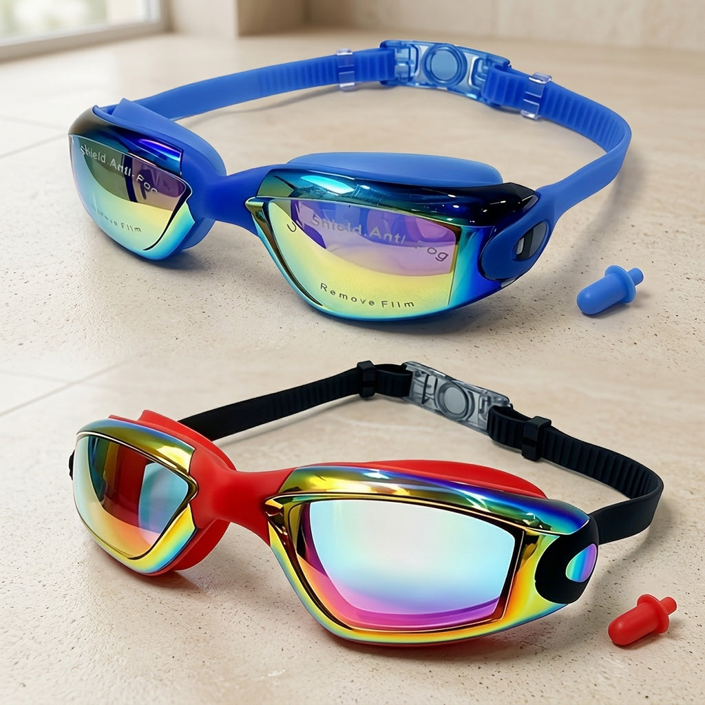 2-Pack HD Swim Goggles Gold-Plated Lens Anti-Fog Anti-Leak with Adjustable Strap & Earplugs - Professional Clear Vision Pool Goggles for Beginners, Daily Training, Men & Women (Black/White or Blue/Red)