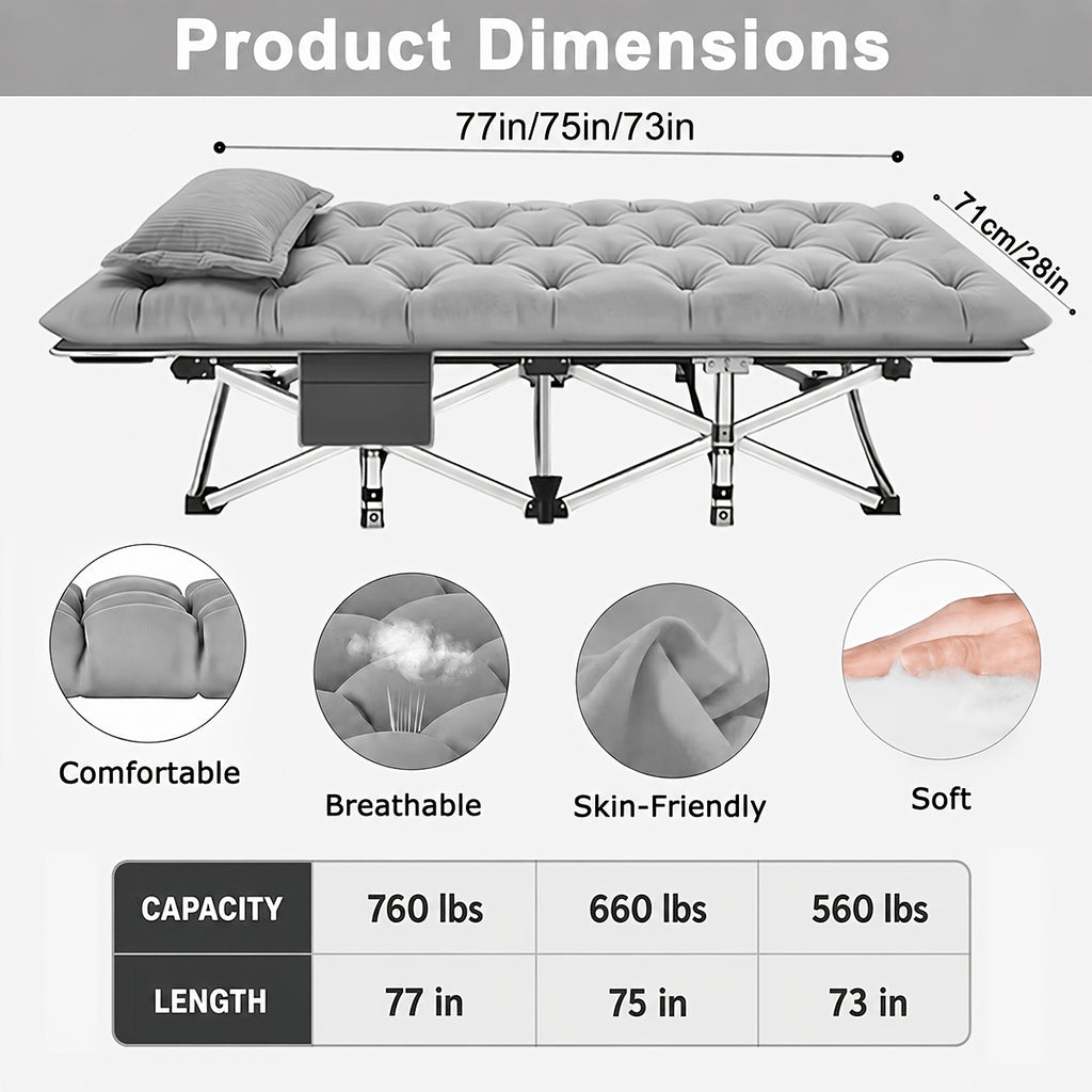 Folding Camping Cot with Mattress & Side Pockets - Heavy Duty Portable Adult Sleeping Bed, Foldable Guest Cot for Camping, Backyard, Patio, Office & RV, Compact Easy Fold