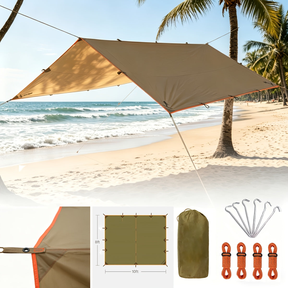Waterproof Camping Tarp Canopy 4 Person – UV Protection Alloy Poles Portable Foldable Rain Fly Awning for Hiking Backpacking Survival Outdoor, Multiple Colors & Sizes