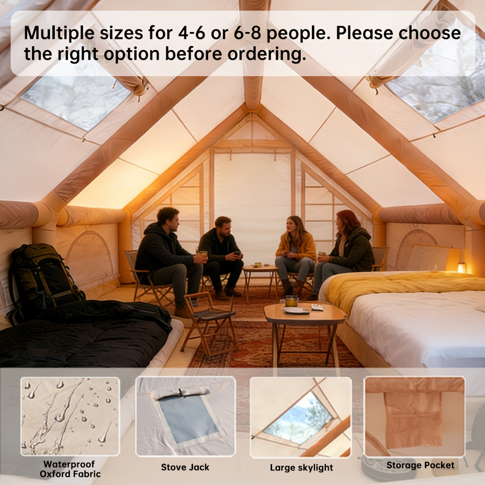 Inflatable Glamping Tent for 4-6 Person – 4-Season Large Luxury Air Tent with Optional Skylight & Stove Jack, Manual Pump Included, Windproof Family Camping Shelter (6.3-12 sqm)