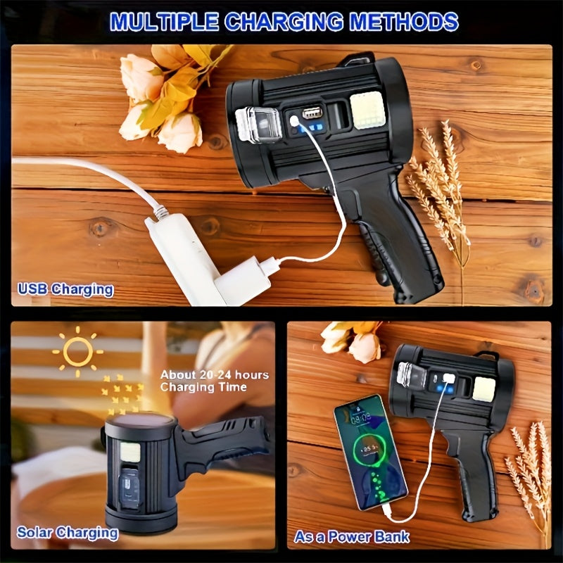 LED Rechargeable Flashlight – 6 Modes, 3 Color Filters, USB & Solar Charging, IPX4 Waterproof for Hunting, Camping, Boating & Hiking | Tactical Outdoor Torch