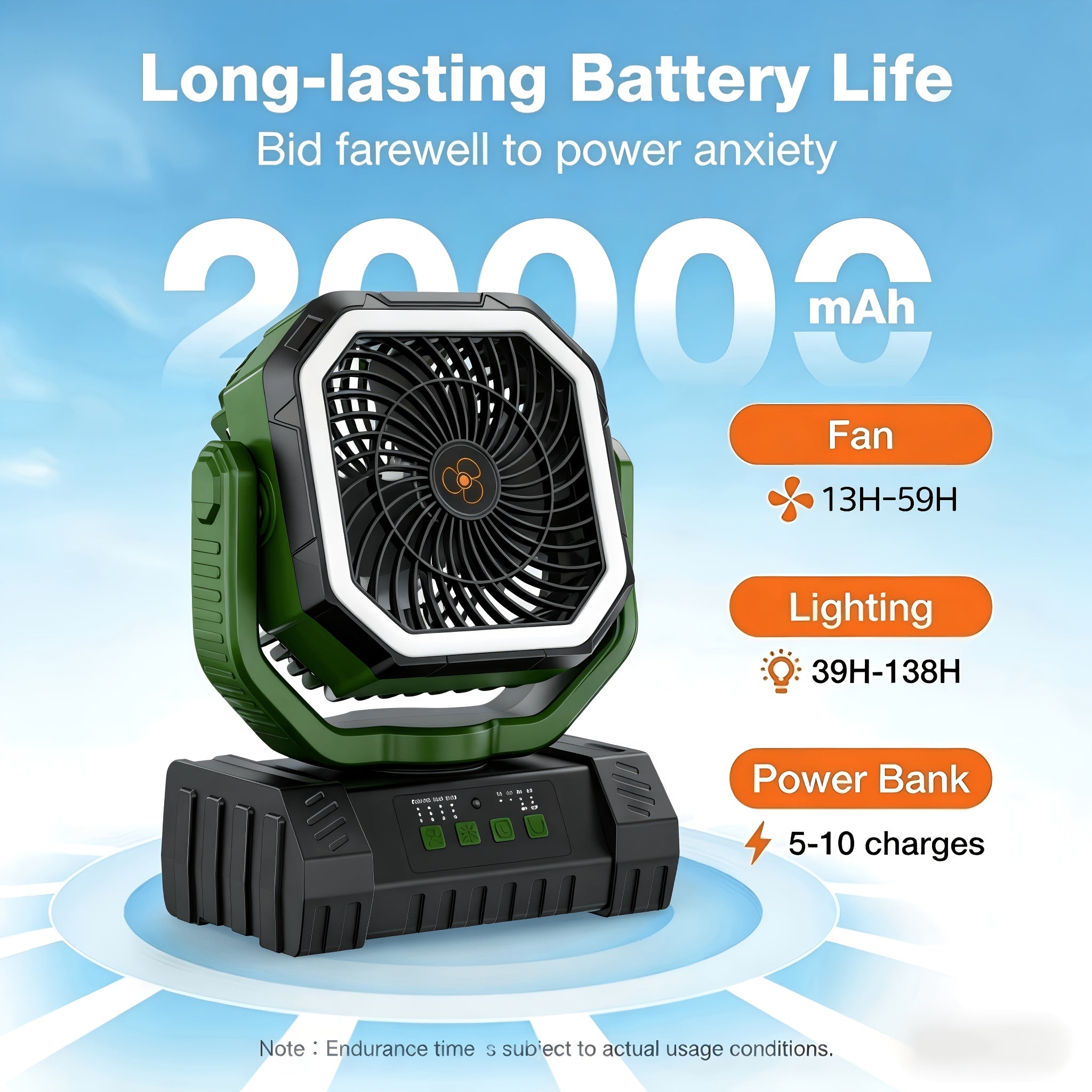 20000mAh Rechargeable Camping Fan 59-Hour Runtime Oscillating Tent Fan with Remote LED Lantern 4 Speeds USB Charging for Outdoor Patio Garage Power Outage Green Pink Orange