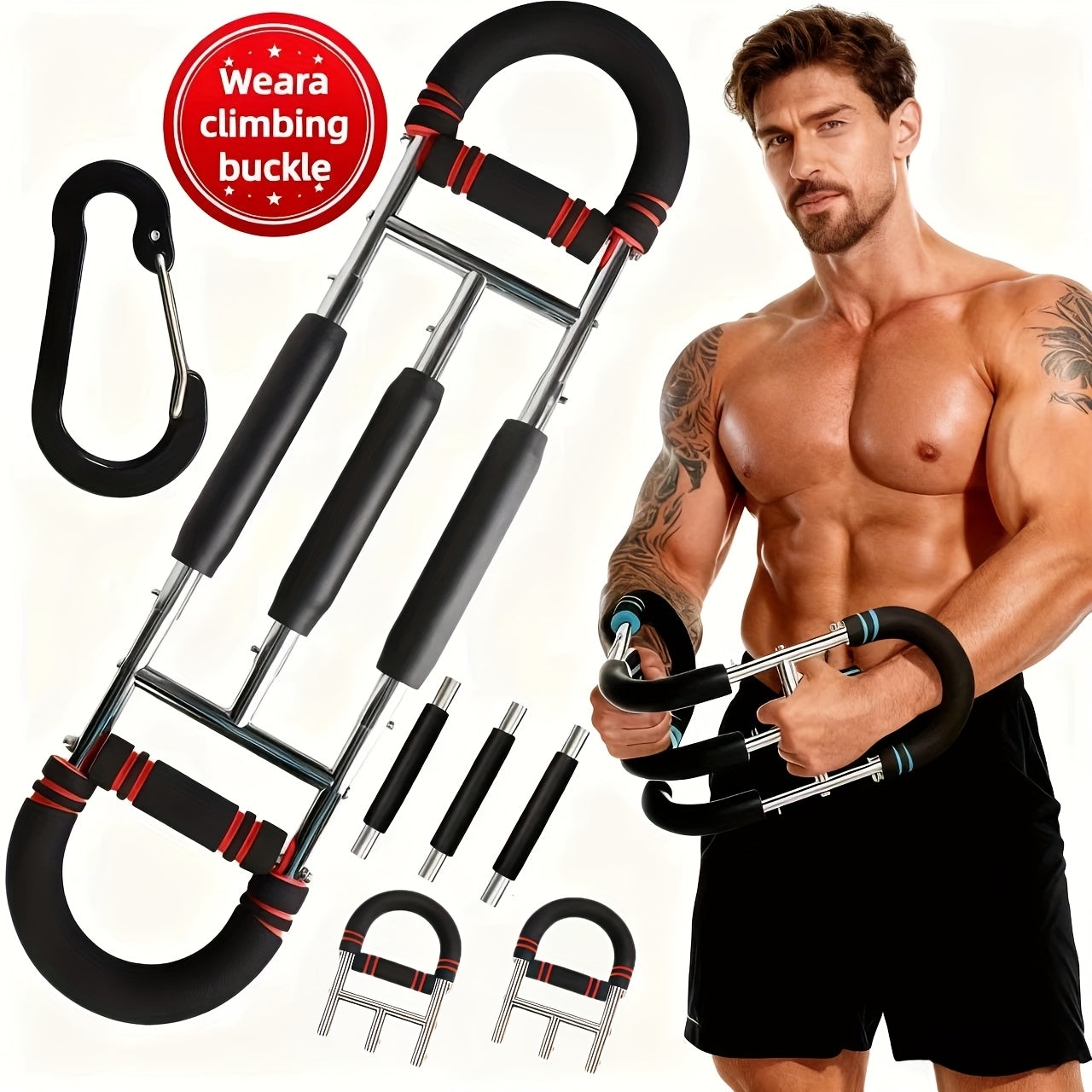 Arm Training Spring Exercise Bar 3-Speed Adjustable Resistance – Forearm Triceps Chest Exerciser Detachable Portable Home Gym Fitness Equipment – Upper Body Strength Trainer for Men & Women