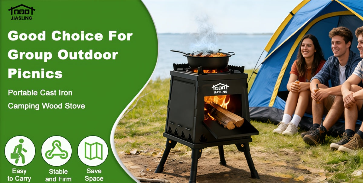 Wood Burning Camp Stove – Portable Cast Iron Outdoor Cooking Stove & Heater for Camping, Hiking, BBQ, Picnic, Off-Grid & Emergency Preparedness