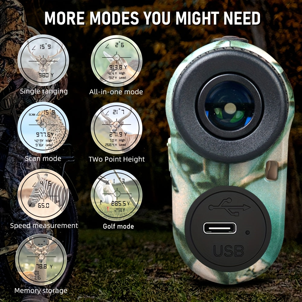 1000M Laser Rangefinder Golf Hunting Rangefinder Monocular Slope Compensation Flagpole Lock Speed Scan Mode USB Rechargeable Camouflage Outdoor