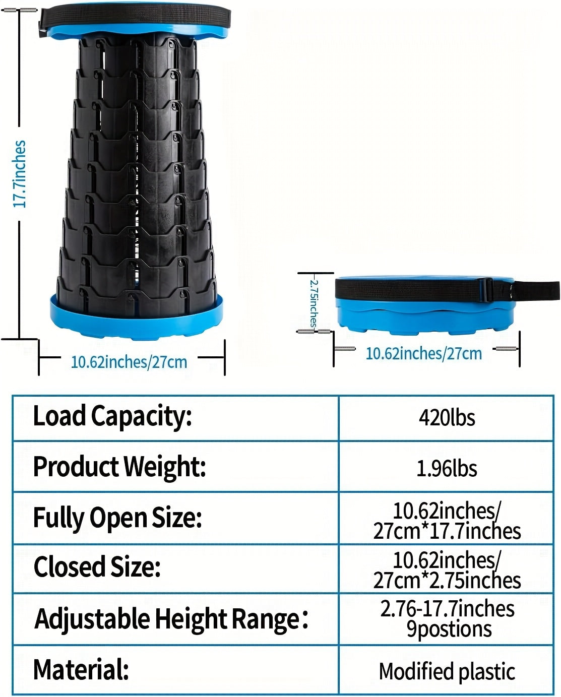 Portable Folding Telescopic Stool 400 Lbs Capacity – Lightweight Foldable Seat for Outdoor Camping Fishing Hiking Indoor Kitchen Use