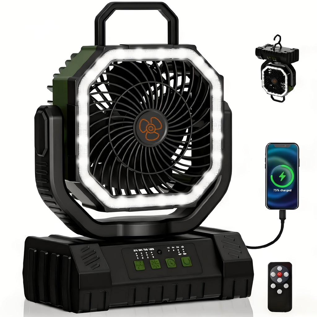 Rechargeable Camping Fan 20000mAh 4-Speed with Remote Control LED Light Power Bank – Oscillating Tent Fan with Timer & Hanging Hook for Camping Beach Outdoor – Orange Green Pink