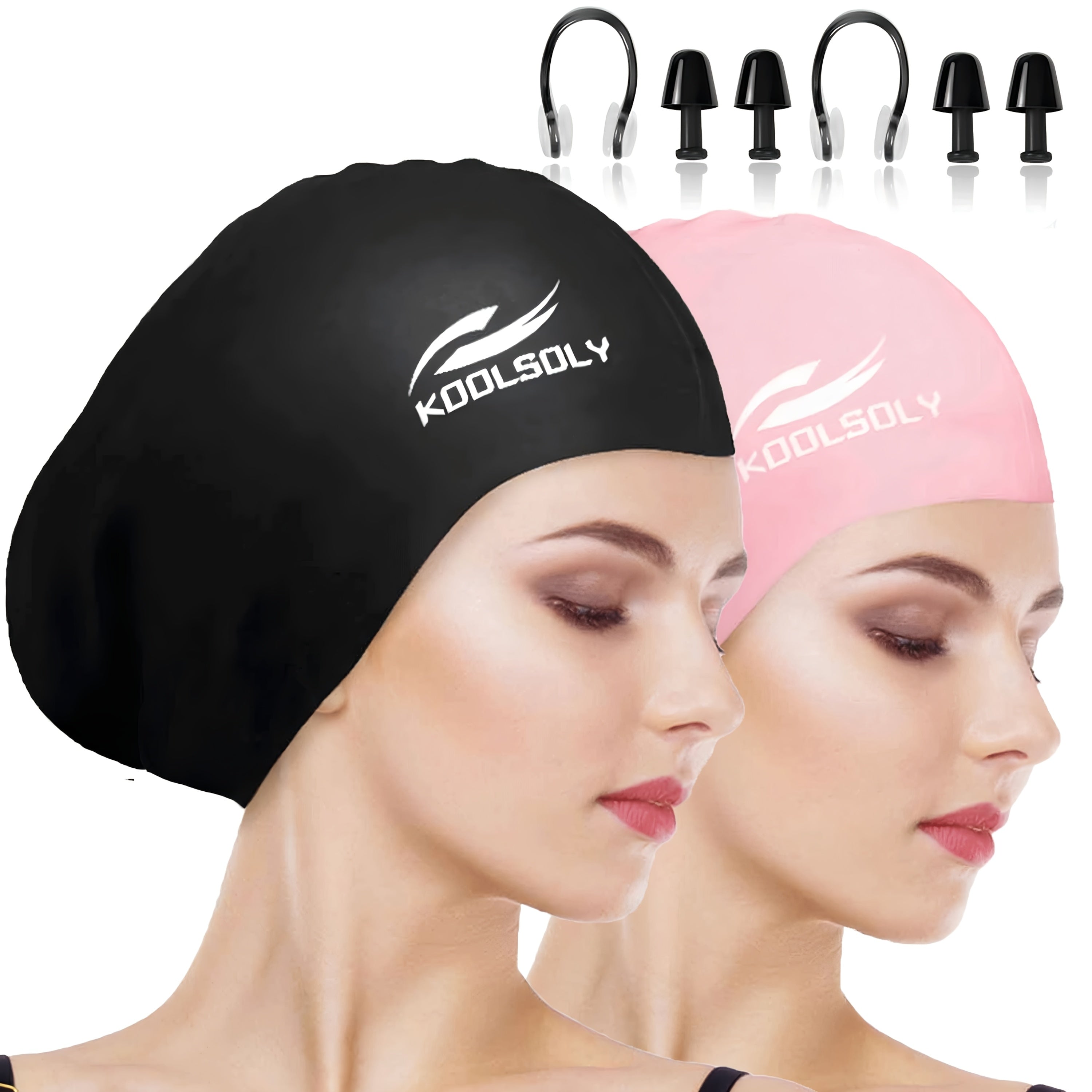 Silicone Swimming Cap 2-Pack with Ear Protection for Long Hair – Includes Earplugs & Nose Clip – Waterproof Swim Cap Set for Women Men Adults Pool Beach Lap Swimming Multiple Color Combos
