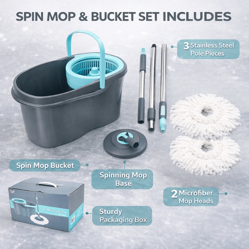 360° Spin Mop and Bucket Set with Wringer - Stainless Steel Handle, Microfiber Refills, Spinning Floor Cleaning System for Hardwood, Tile & Laminate