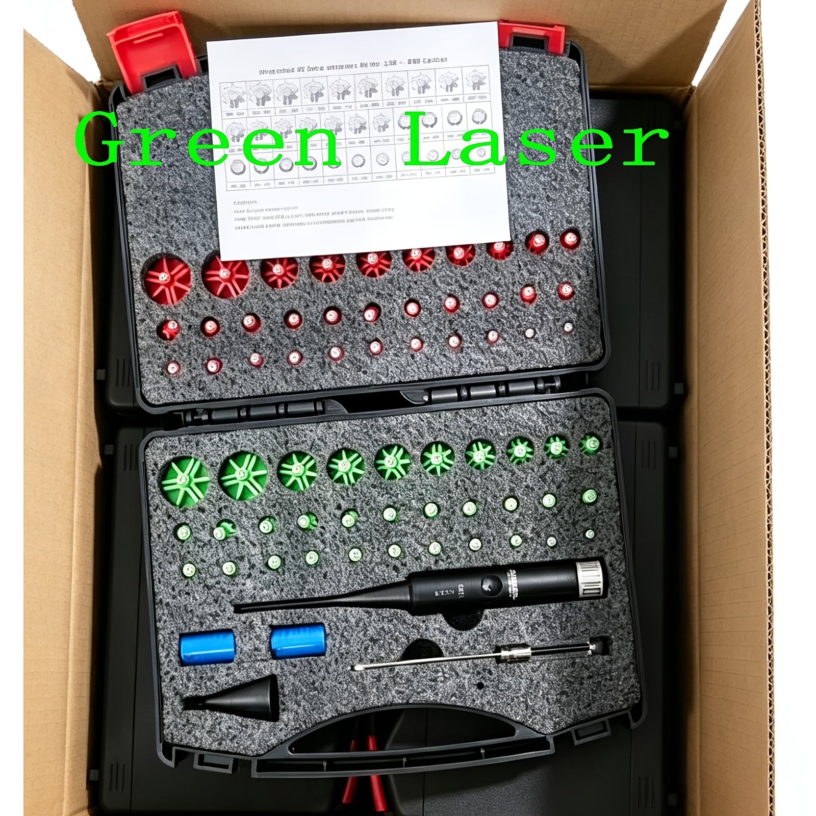 Laser Bore Sight Kit with 32 Adapters – Fits .17 to 12GA, Green & Red Laser, 15-100 Yard Range, Button ON/OFF, 8-Hour Battery