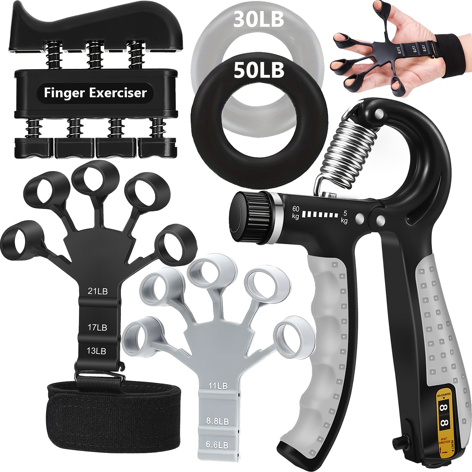Grip Strength Trainer Set 6pcs – Adjustable Hand Gripper 10-130 lbs with Rep Counter, Finger Exerciser, Forearm Workout Rings & Finger Stretcher for Rock Climbing Fitness Sports Musicians
