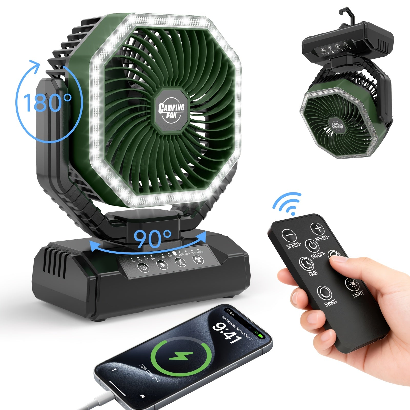 20000mAh Camping Fan with LED Light & Brushless Motor – Portable Outdoor Fan for Camping Hiking Picnic Emergency Use, 4 Speeds, 180° Oscillation, 22-26H Battery Life