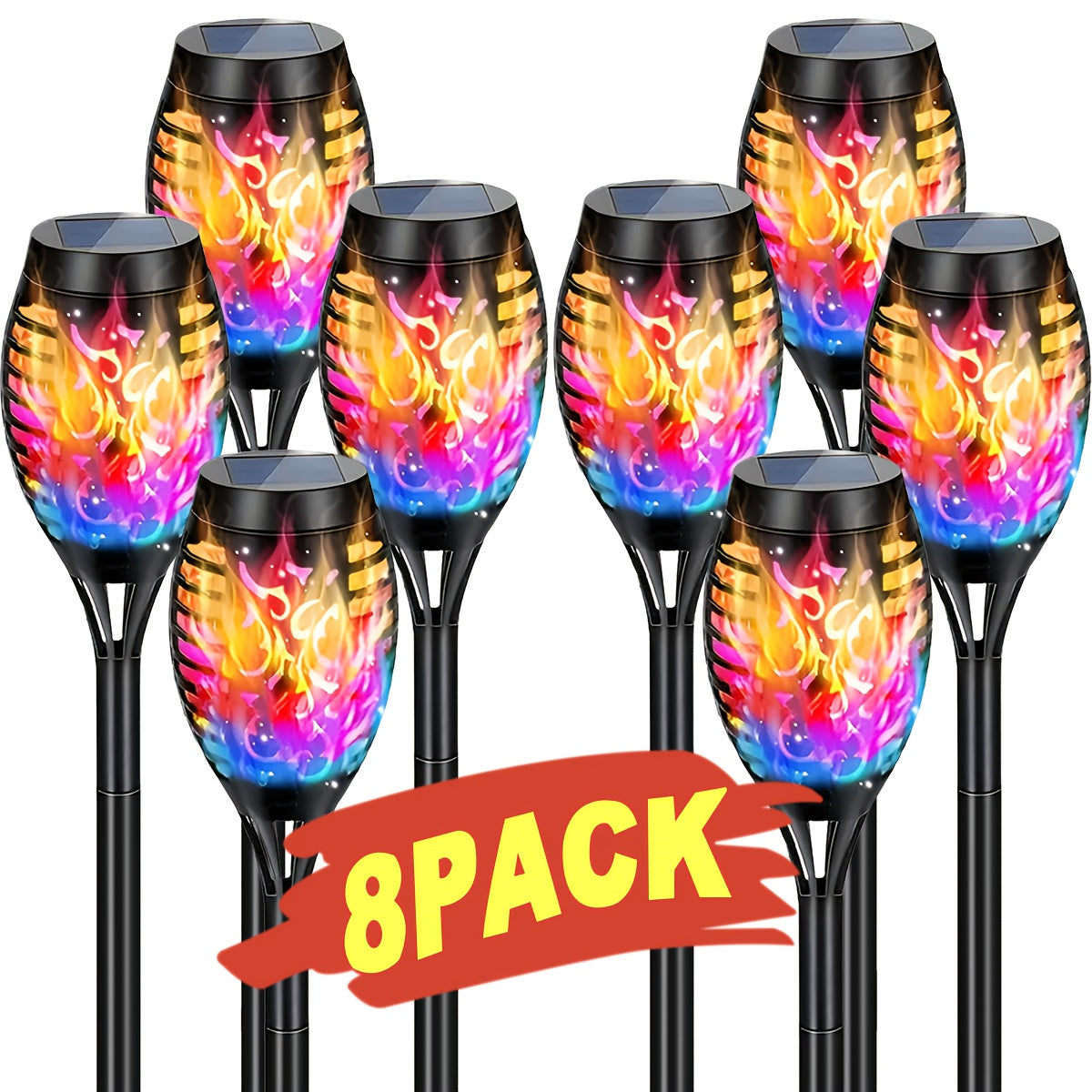 Solar Flame Torch Lights Outdoor - Flickering Flame Effect, IP65 Waterproof, Auto Dusk-to-Dawn, 750mAh Solar Powered Garden Stake Lights for Yard, Lawn, Patio & Pathway - 4/8/12 Pack