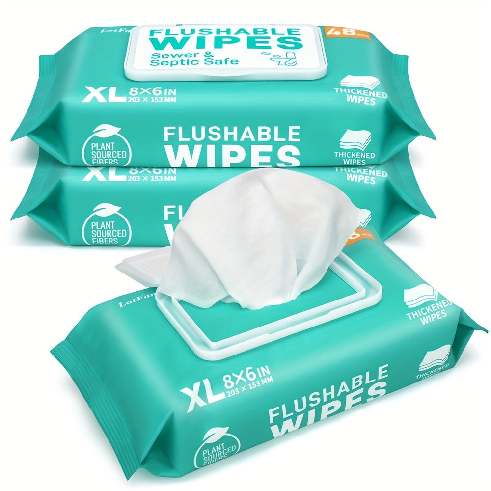 Flushable Wet Wipes Extra Large – Thickened Plant-Based Butt Wipes, Alcohol-Free, Hypoallergenic, Septic Safe, 48 Count Per Pack | Baby, Feminine, Incontinence & Travel Personal Care Wipes